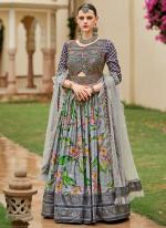 Silk Grey Ceremonial Wear Foil Print Readymade Gown With Dupatta